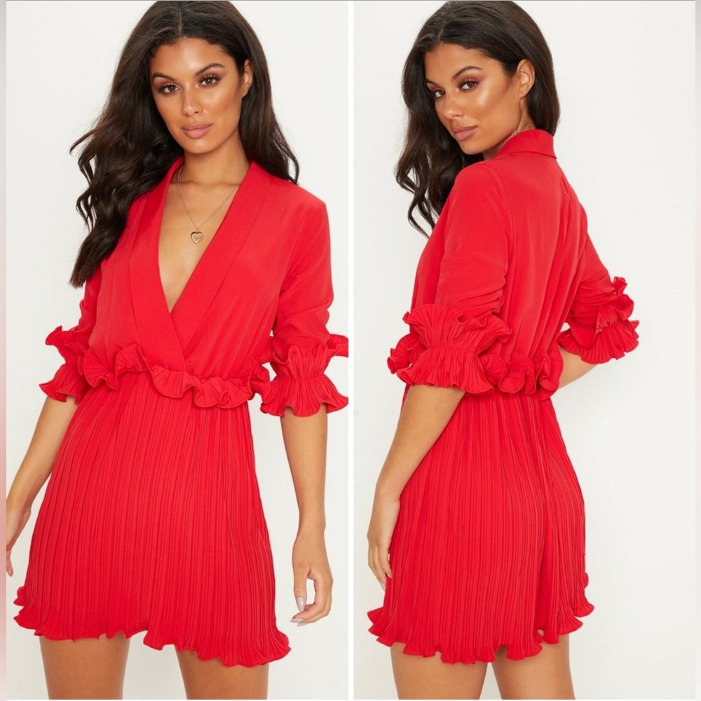 PrettyLittleThing Red Frill Detail Pleated Skater Dress